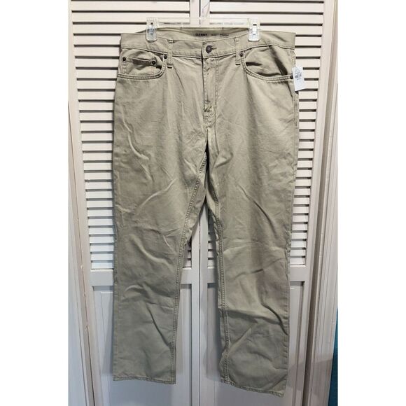 Old Navy Khaki Beige Cotton Jeans‎ Straight Leg High Rise Size 36x32 Zip Logo - Picture 1 of 9